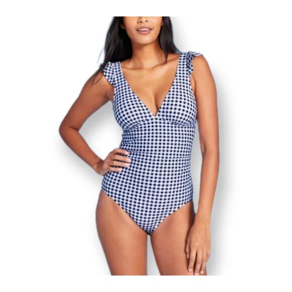 Kona Sol 22W Women's‎ Ruffle Gingham High Coverage One Piece Swimsuit Navy White - Picture 1 of 11